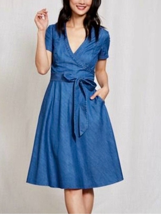 Boden Dresses & Skirts - Boden Sz 8R Denim Fit & Flare Faux Wrap Cotton Dress Women’s Blue Short Sleeve